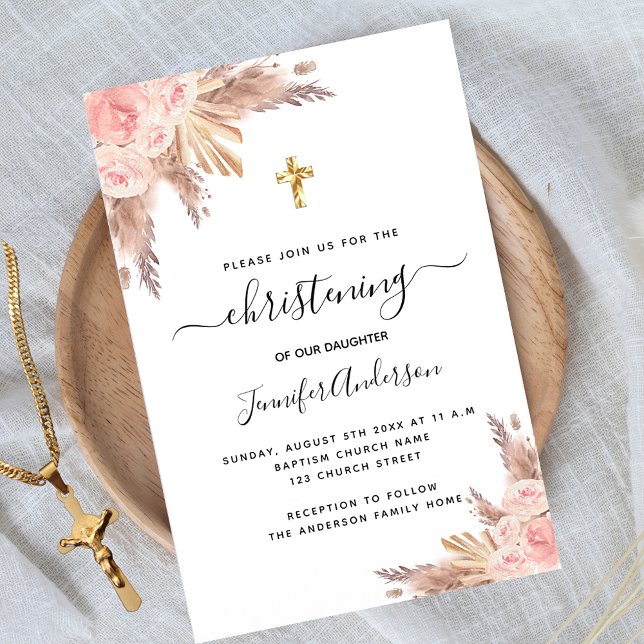 Christening girl pampas grass rose gold blush pink invitation (Creator Uploaded)