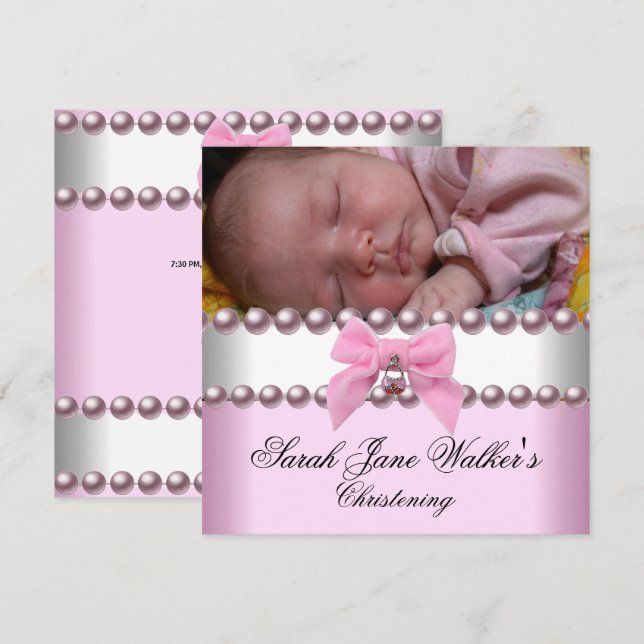 Christening Girl Pink White Pink Pearl Photo Invitation (Front/Back)
