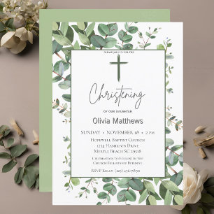  Christening Green Cross Greenery Gender Neutral Invitation