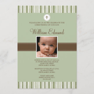 Christening Green Stripe Photo Invitation