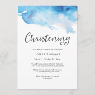 Christening Invitation blue watercolor splashes