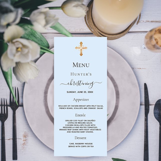Christening Menu light blue boy gold cross (Creator Uploaded)