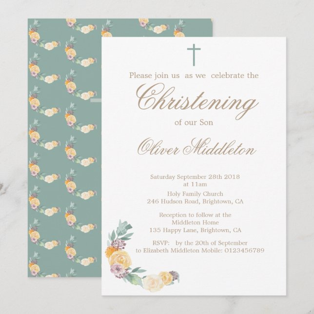 Christening or Baptism Floral Green Invitation (Front/Back)
