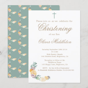 Christening or Baptism Floral Green Invitation