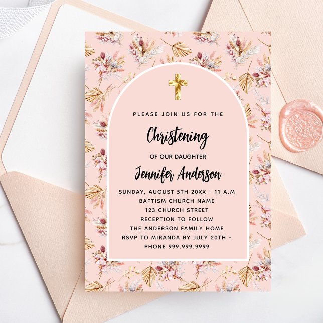 Christening pampas florals rose gold pink girl invitation postcard (Creator Uploaded)