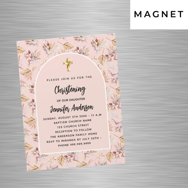 Christening pampas florals rose gold pink luxury magnetic invitation (Creator Uploaded)