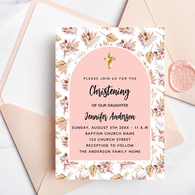 Christening pampas flowers rose gold pink luxury invitation (Creator Uploaded)