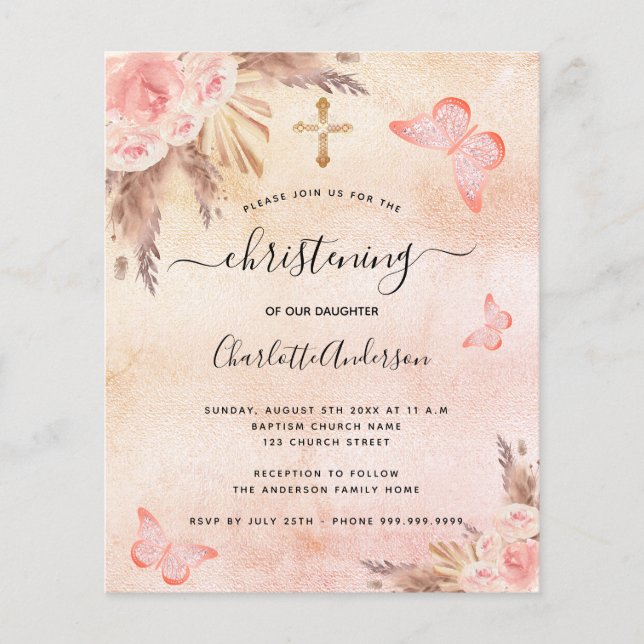 Christening pampas grass blush butterfly budget flyer (Front)