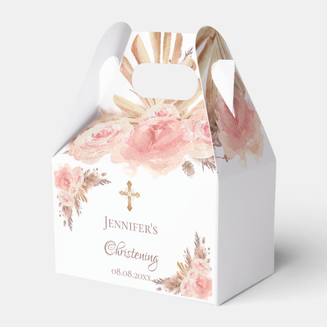 Christening pampas grass blush floral cross favour box (Front Side)