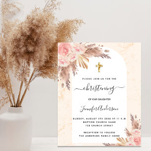 Christening pampas grass rose gold blush marble invitation postcard
