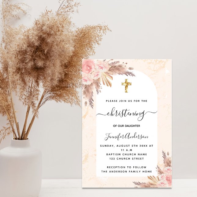 Christening pampas grass rose gold marble luxury invitation (Creator Uploaded)