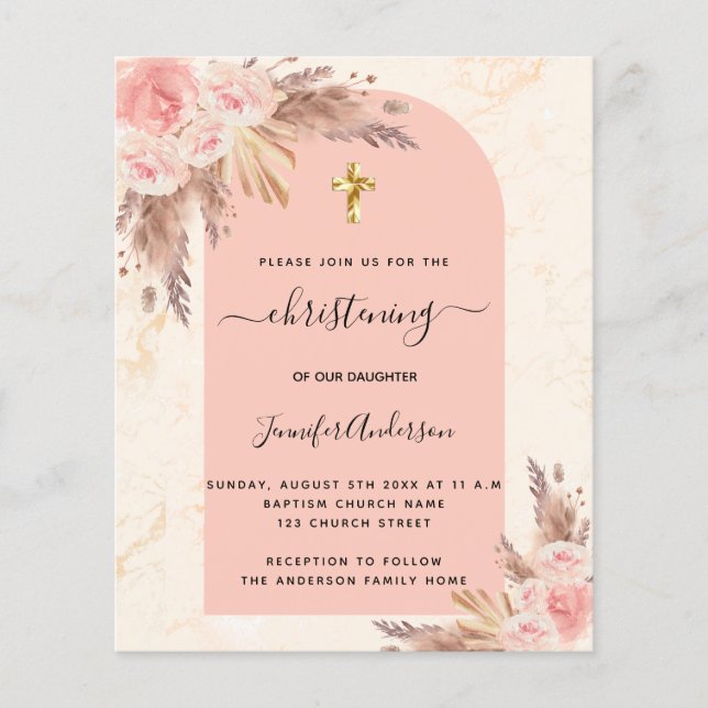 Christening pampas grass rose marble invitation (Front)