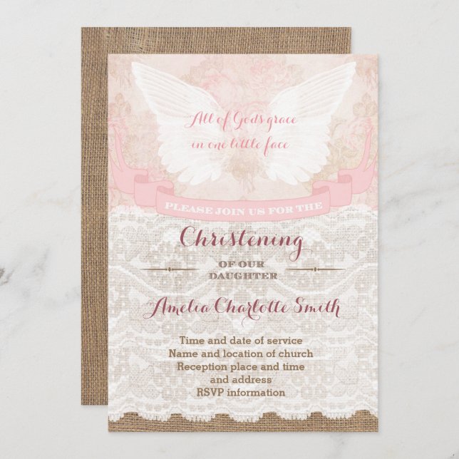 Christening Party Cards for girl in antique pink (Front/Back)