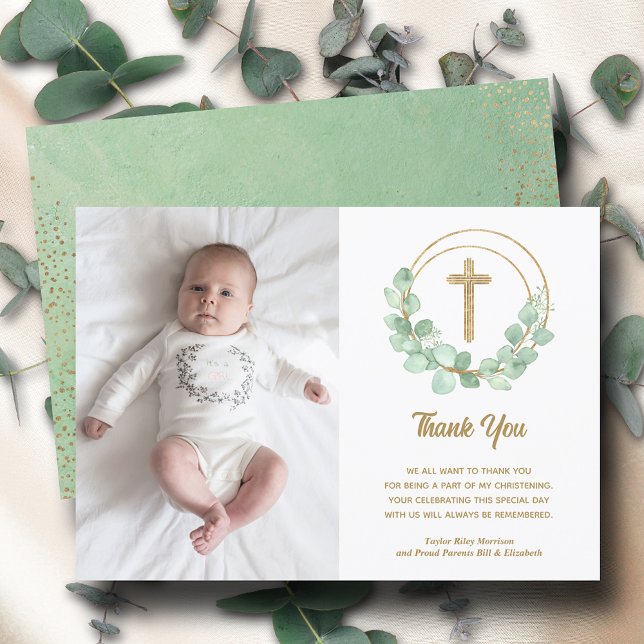 Christening Photo Cross Eucalyptus   Thank You Card (Creator Uploaded)