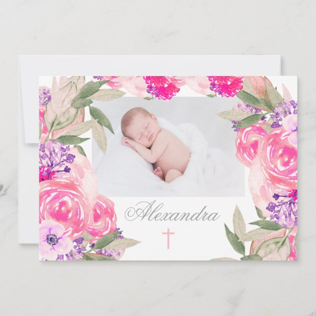 Christening Photo Floral Roses Invitation (Back)