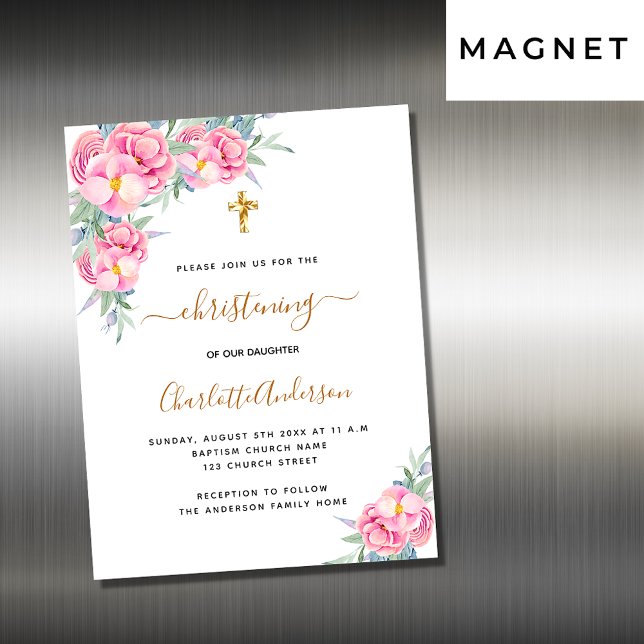 Christening pink florals rose invitation magnet (Creator Uploaded)