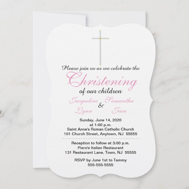 Christening Pink Twins Invitation (Front)