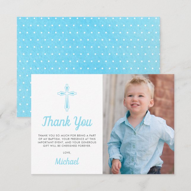 Christening Religious Boy Photo Baptism Thank You Card (Front/Back)