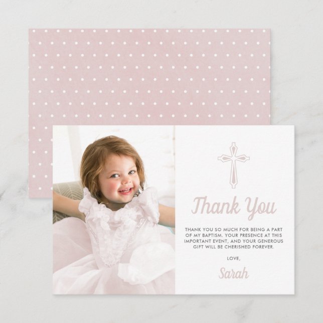 Christening Religious Pink Girl Photo Baptism Thank You Card (Front/Back)