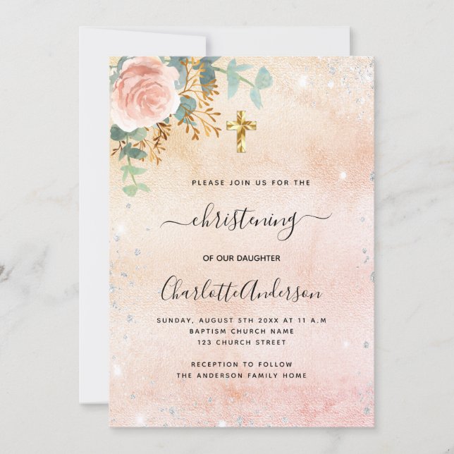 Christening rose gold floral eucalyptus silver invitation (Front)