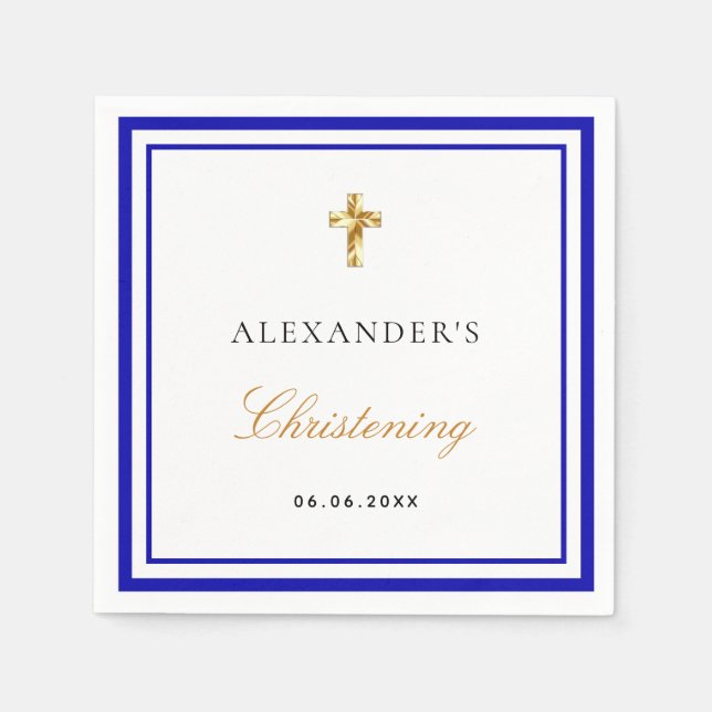 Christening royal blue white name baby boy napkin (Front)