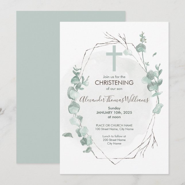 Christening Rustic Eucalyptus Invitation (Front/Back)