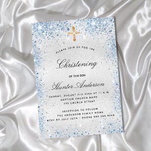 Christening silver blue boy script invitation postcard