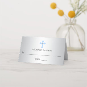 Christening Silver Blue Cross Boy Place Card