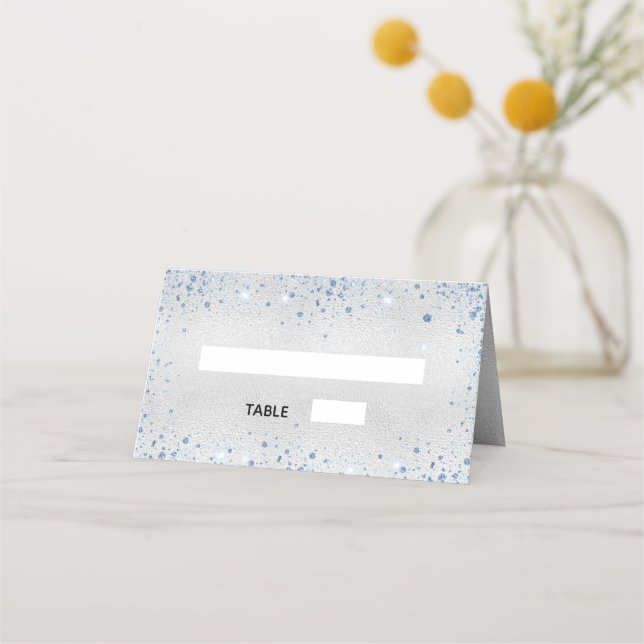 Christening silver blue glitter sparkles boy place card (Front)