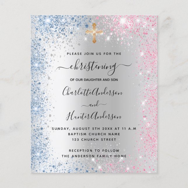 Christening silver blue pink boy girl invitation (Front)