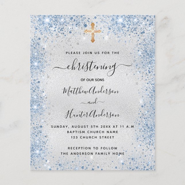 Christening silver blue twin boy budget invitation (Front)