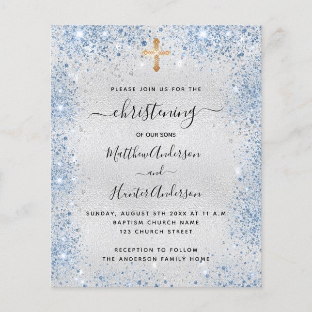 Christening silver blue twin boy budget invitation flyer (Front)