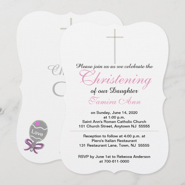 Christening Silver Cross Daughter Pink Rattle Invitation (Front/Back)