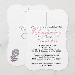Christening Silver Cross Daughter Pink Rattle Invitation