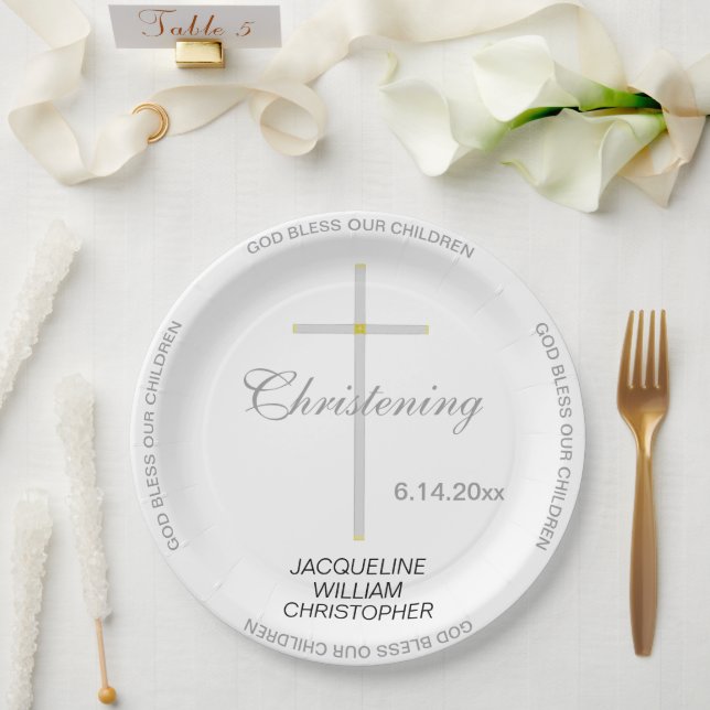 Christening Silver Cross NAMES Paper Plate (Wedding)