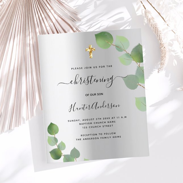 Christening silver eucalyptus budget invitation flyer (Creator Uploaded)