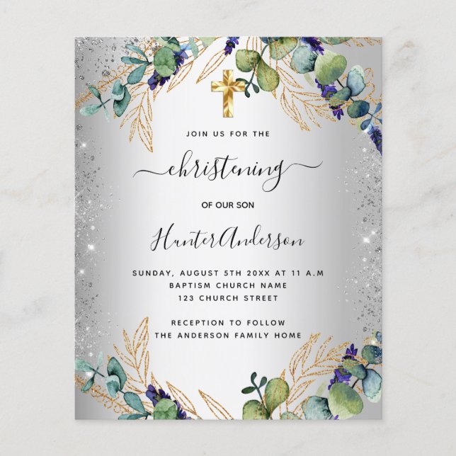 Christening silver eucalyptus greenery invitation (Front)
