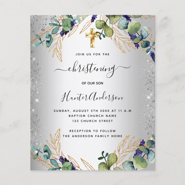Christening silver eucalyptus greenery invitation flyer (Front)