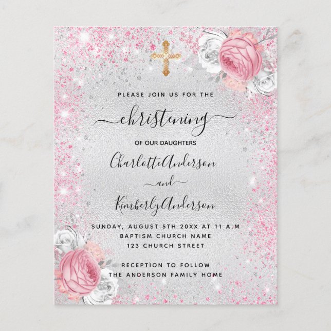 Christening silver girls twins budget invitation (Front)