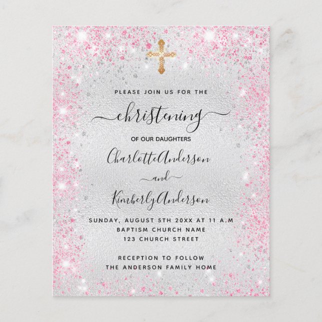 Christening silver pink twins budget invitation (Front)