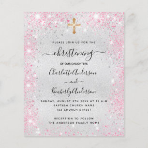 Christening silver pink twins budget invitation
