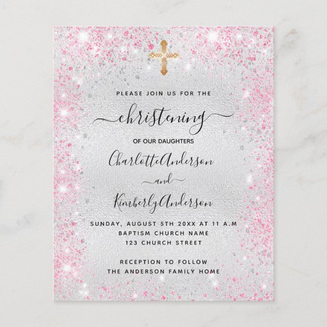 Christening silver pink twins budget invitation flyer (Front)