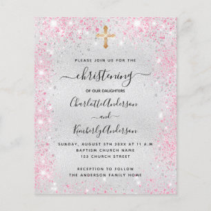 Christening silver pink twins budget invitation flyer