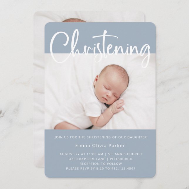 Christening | Simple Minimal Blue with Two Photos Invitation (Front/Back)
