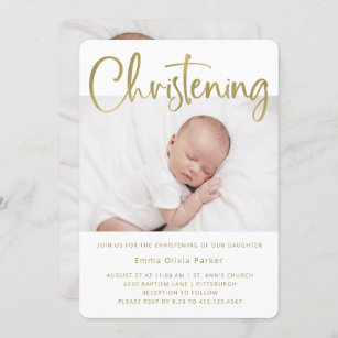 Christening   Simple Minimal Gold with Two Photos Invitation