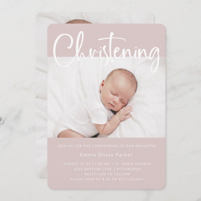 Christening | Simple Minimal Pink with Two Photos Invitation (Front/Back)