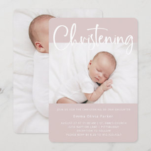 Christening   Simple Minimal Pink with Two Photos Invitation
