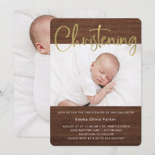 Christening   Simple Rustic and Gold Two Photos Invitation