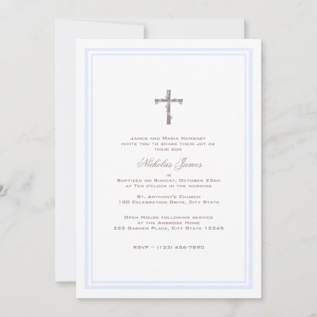 Christening Soft Blue and Brown Invitation (Front)