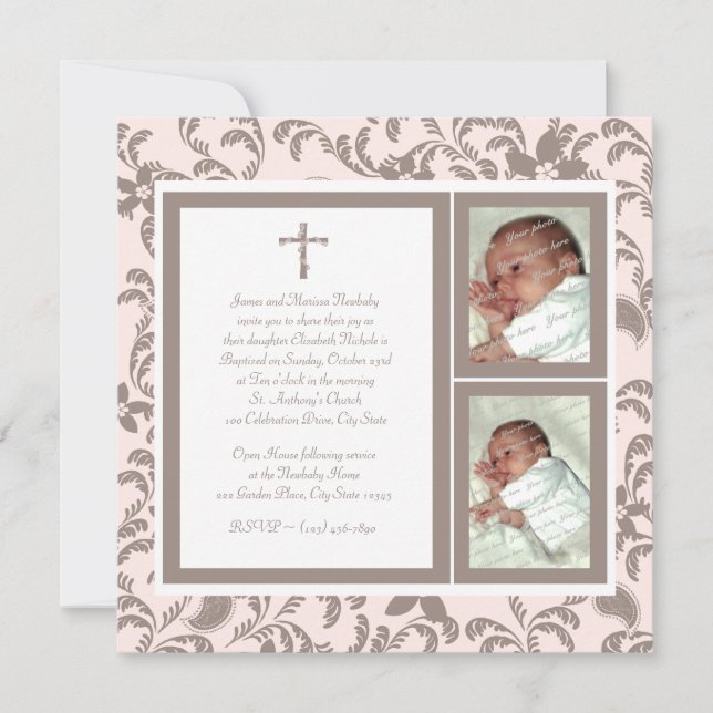 Christening Soft Pink and Brown Paisley Photo Invitation (Front)